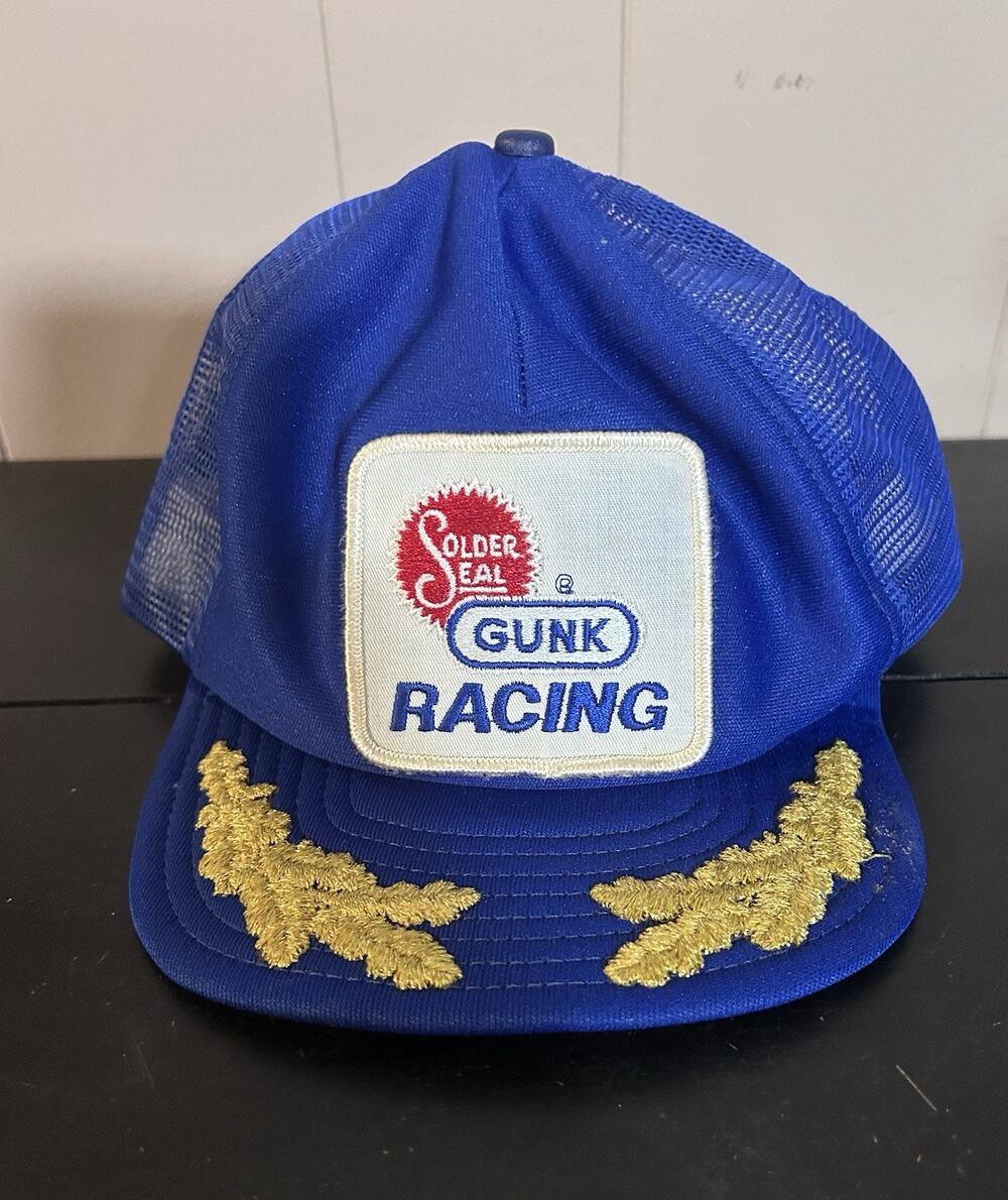 Vintage Golden Seal Gunk Racing Blue Mesh Snapback Hat Cap Gold Leaves